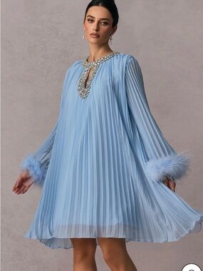 Sunfere Gabrielle Diamante Feathered Pleated Chiffon Mini Dress (NWT)